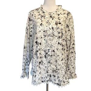 LOGO Embroidered Button Eyelet Top Womens Size 1X Black White Floral Ruffled